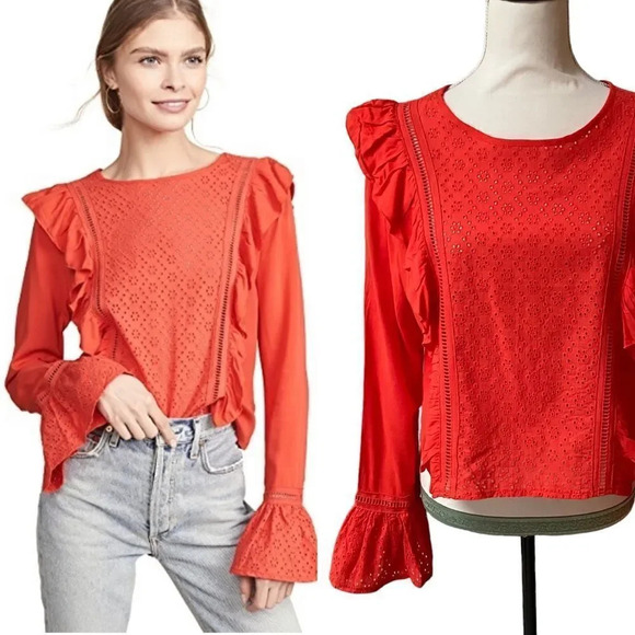 Jack by BB Dakota Red Orange Ruffle Eyelet Blouse Small Cropped Bell Sleeve Top - Picture 1 of 14